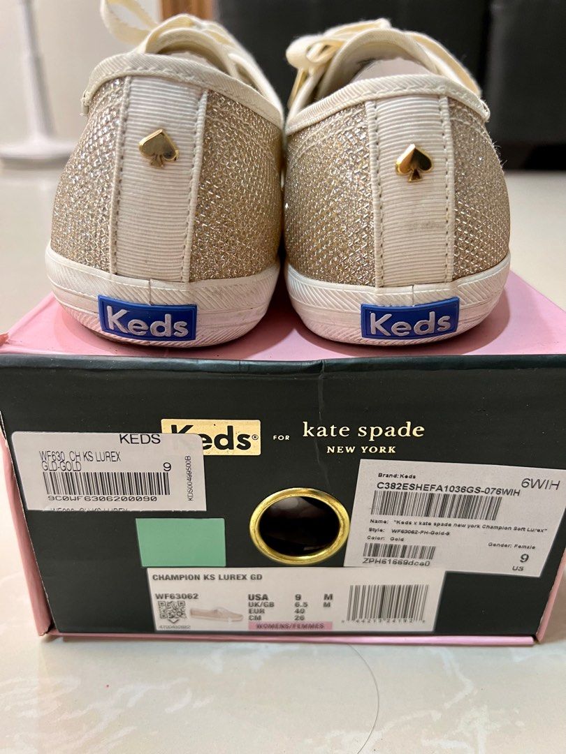 Keds x Kate Spade Sneakers (Category: Sneakers) located in Paranaque City. Submitted by joyzann (Listing ID 1206382094, Image 1). Description: Keds x Kate Spade Sneakers Light Gold US Size 9 With unused shoelace/ribbon as shown in pic Retails for 4995 in the Laz Official Store A bit bigger for my size Super pretty in actual Slightly nego .
