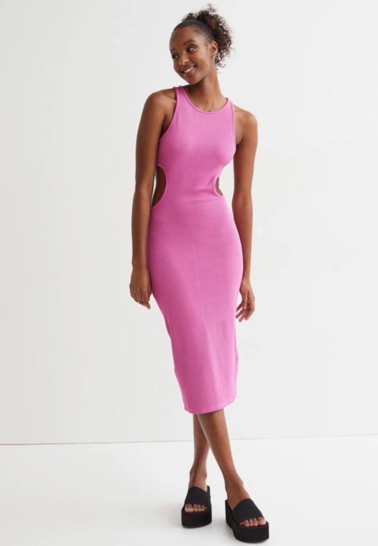 Pink Ribbed Waist Cut Out Midi Bodycon Dress H M Women s Fashion
