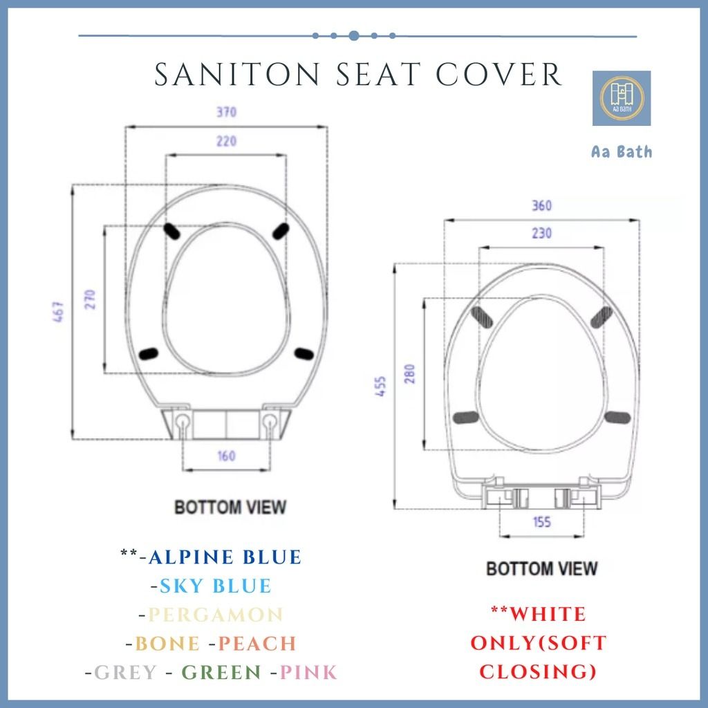 Saniton Toilet Bowl Seats Covers (Singapore) Colour Seat Cover white/blue/pink/grey/green/bone