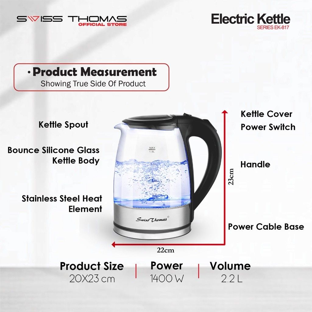 SwissThomas Electric Kettle CookMaster Series Blue Light (2200W/2.2L