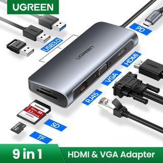 UGREEN 9-in-1 USB C Hub with 4K@30Hz VGA HDMI Port RJ45 100W Adapter for MacBook Pro Air Dell HP Samsung