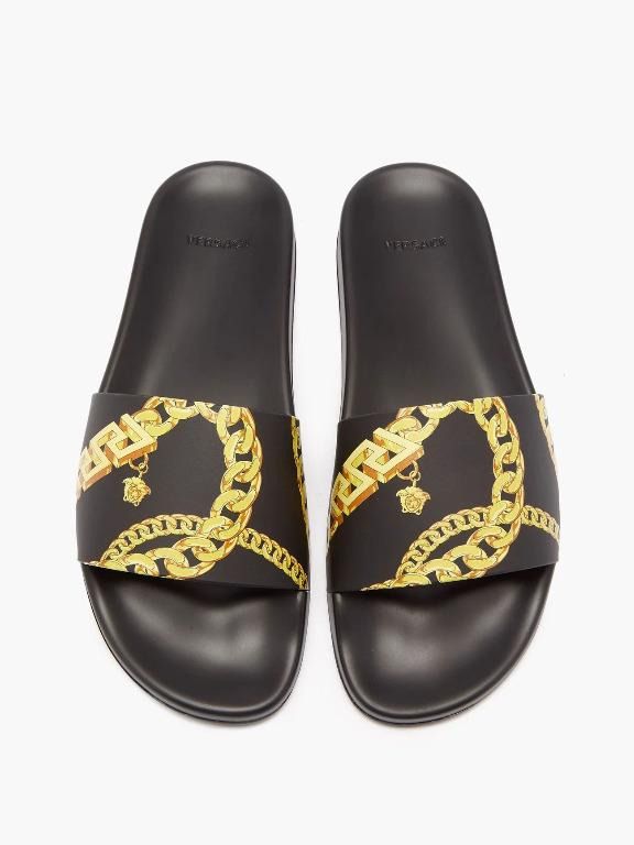 Versace Logo Chain Print Slides Black Gold, Men's Fashion, Footwear