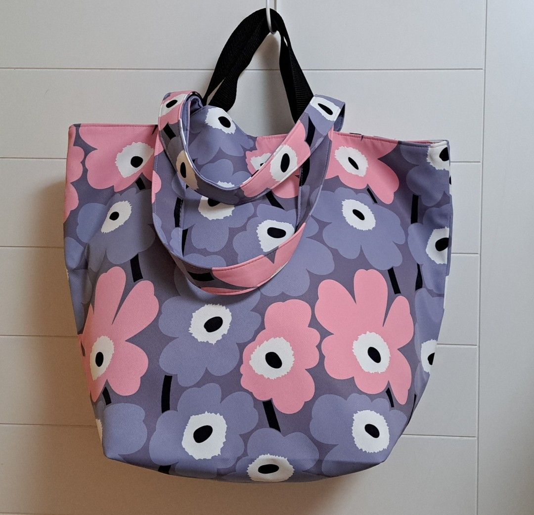 Marimekko 粉紅灰紫色大花花! 全新tote bag 2way 大袋底有棉防水布料