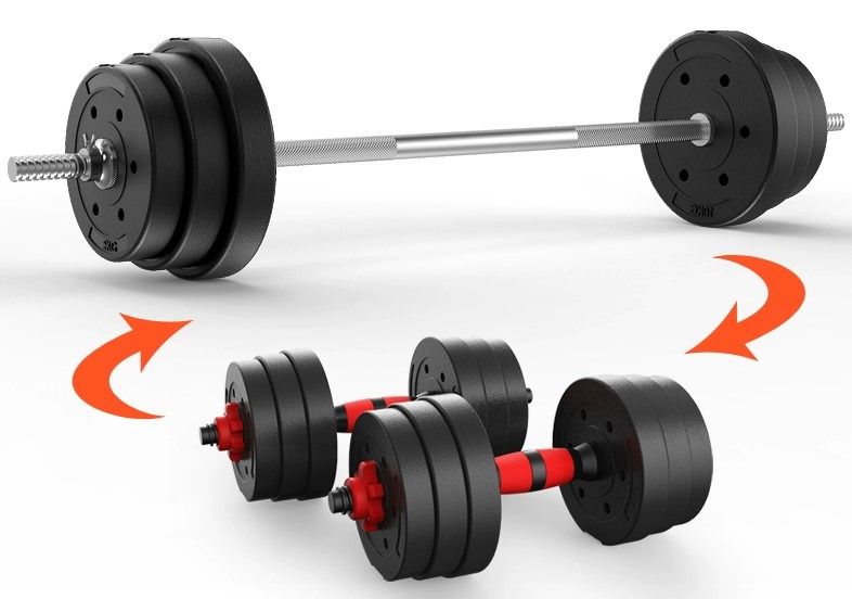 Barbell bar, dumbbell bars and 53kg plastic weight plates, Sports