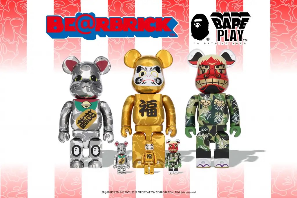 組團BE@RBRICK A Bathing Ape 招き猫銀メッキ／達磨金メッキ／獅子舞