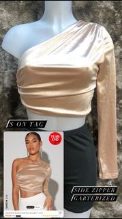 Champagne One Shoulder Satin Silk Longsleeves Ruched Top