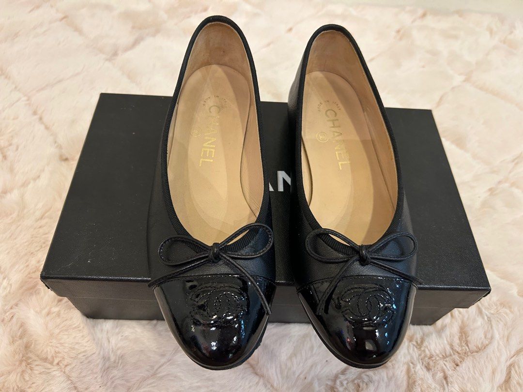 Chanel Black Leather and Patent Leather CC Cap Toe Bow Ballet