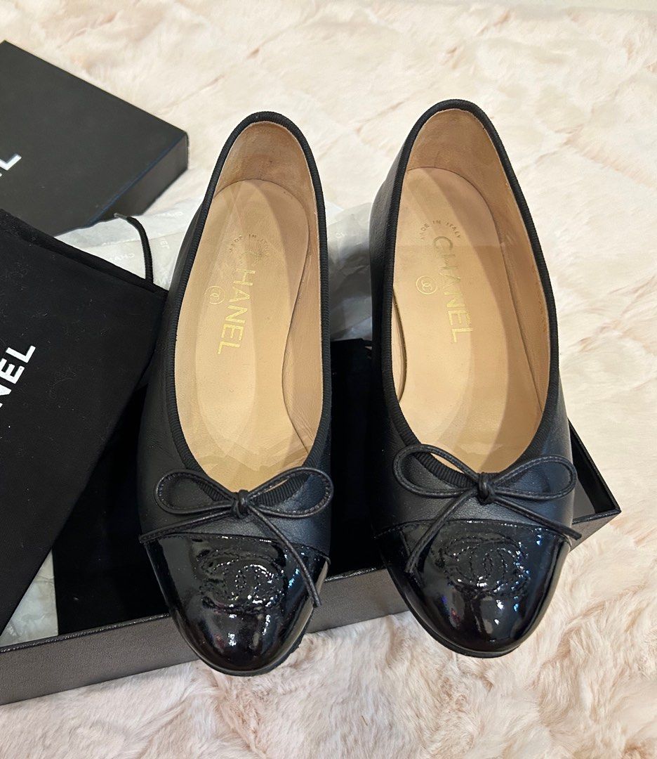 Chanel Black Leather and Patent Leather CC Cap Toe Bow Ballet