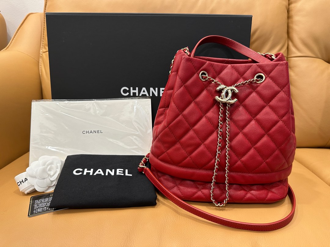 Chanel Red Caviar Drawstring Bucket Bag, Luxury, Bags & Wallets on
