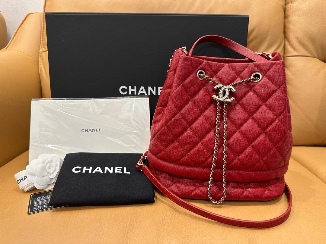 Chanel Red Caviar Drawstring Bucket Bag, Luxury, Bags & Wallets on Carousell