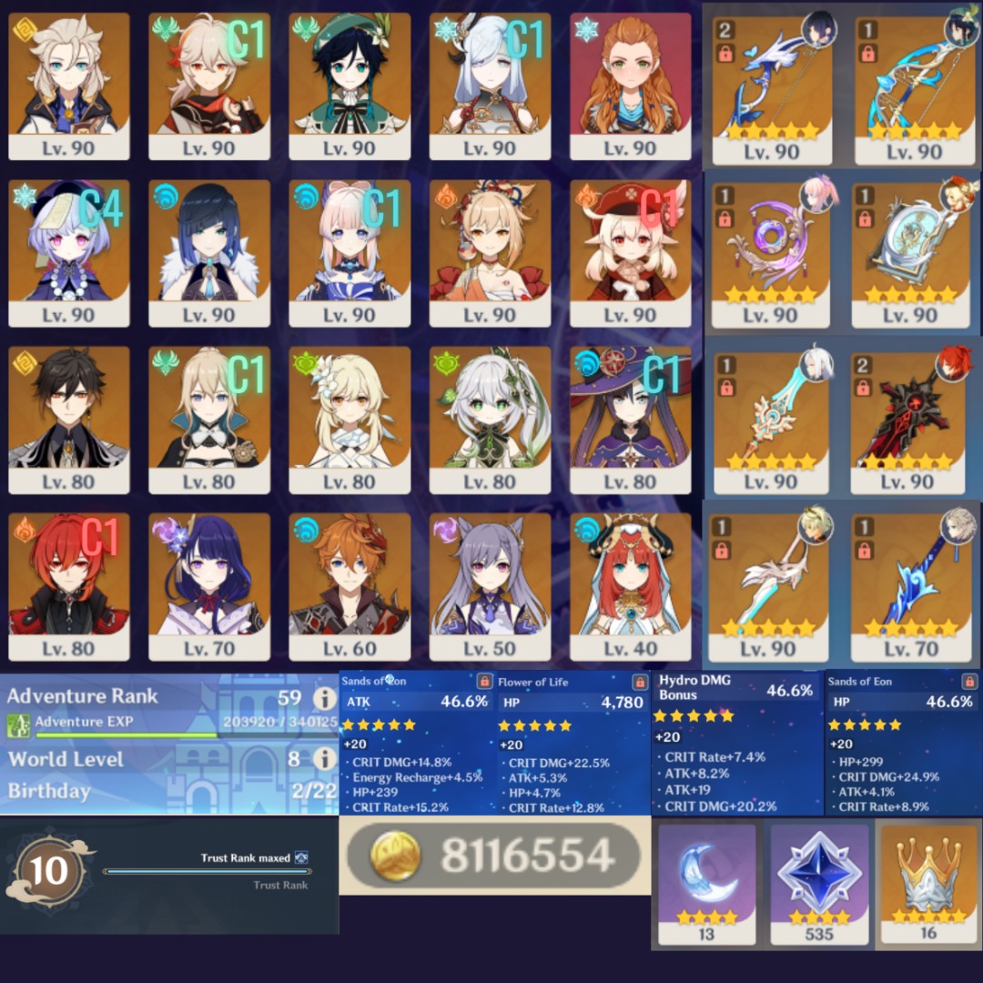 Compte Genshin Impact AR59 - Serveur Europe (PC/Mobile) - Hoyoverse