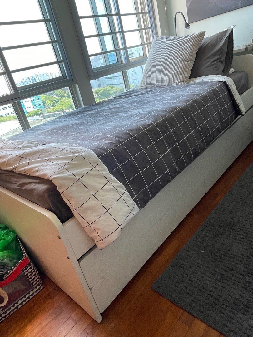 IKEA single bed with mattress and drawers, Furniture & Home Living