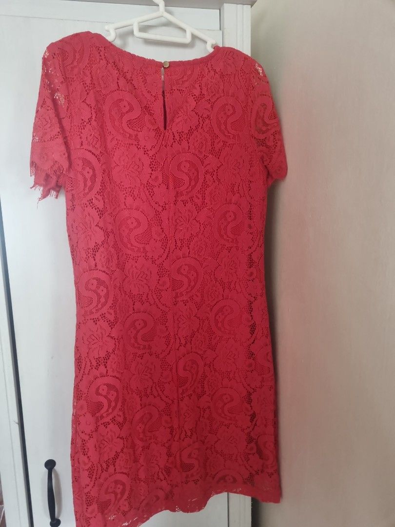 dorothy perkins red lace dress Dorothy Perkins Floral Long Sleeve Lace Trim Button Front Midi Dress in Red