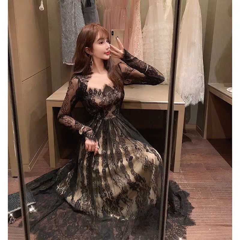 Long black lace Dress Women s Fashion Dresses Sets Dresses on