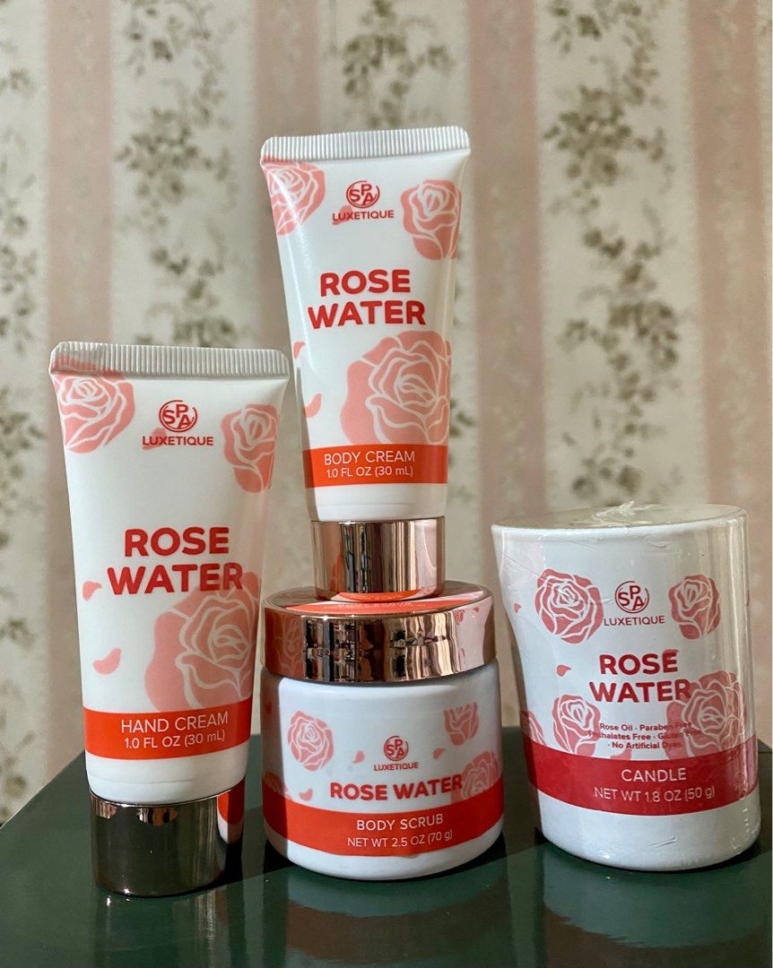 Spa Luxtique Rose Water Bath Set (Category: Bath) located in Manila. Submitted by stylebeaux (Listing ID 1206661763, Image 1). Description: Spa Luxtique Rose Water Bath Set Includes: - Hand Cream 30ml - Body Cream 30ml - Body Scrub 70g - Candle 50g.