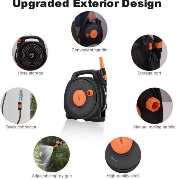 TACKLIFE Hose Reel 10m, Garden Pico Reel with Faucet Adapters for