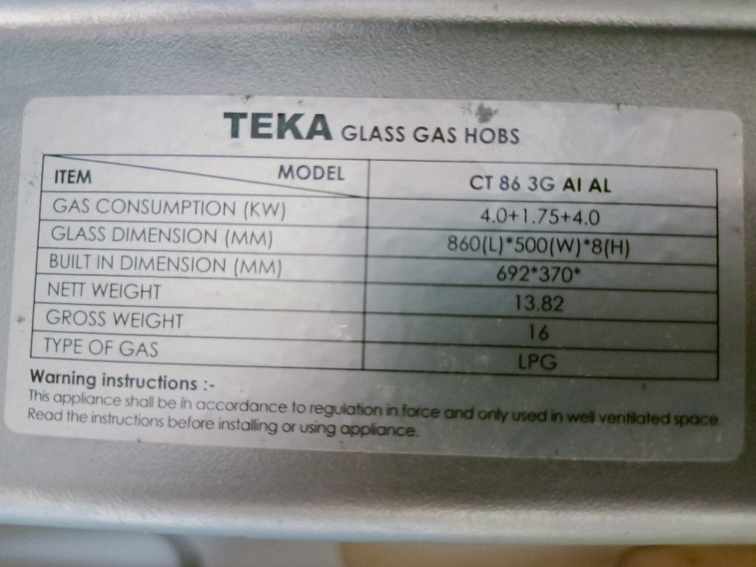 Teka Glass Top Gas Stove, TV & Home Appliances, Kitchen Appliances
