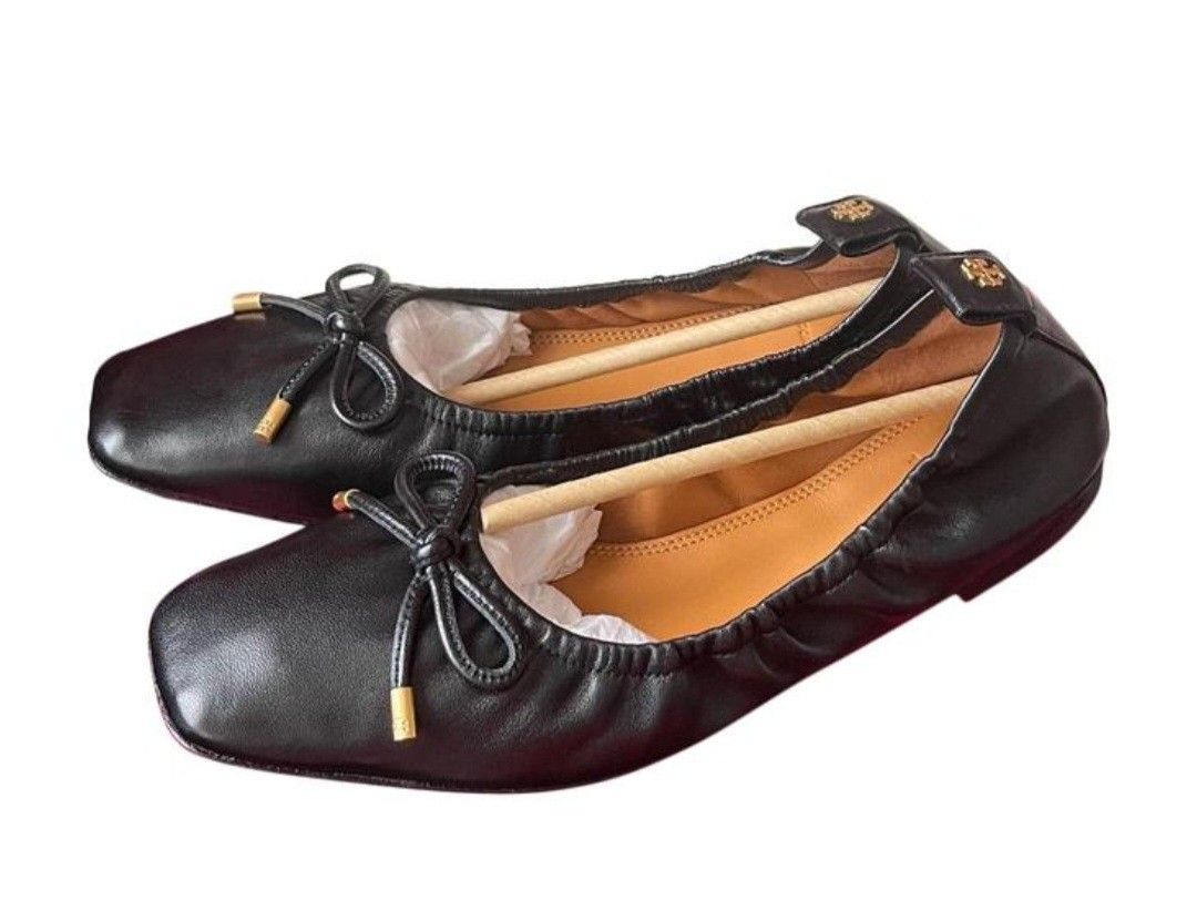 In Stock)?Authentic Tory Burch Square Toe Bow Ballet Nappa Leather Color  Black, Women's Fashion, Footwear, Flats on Carousell