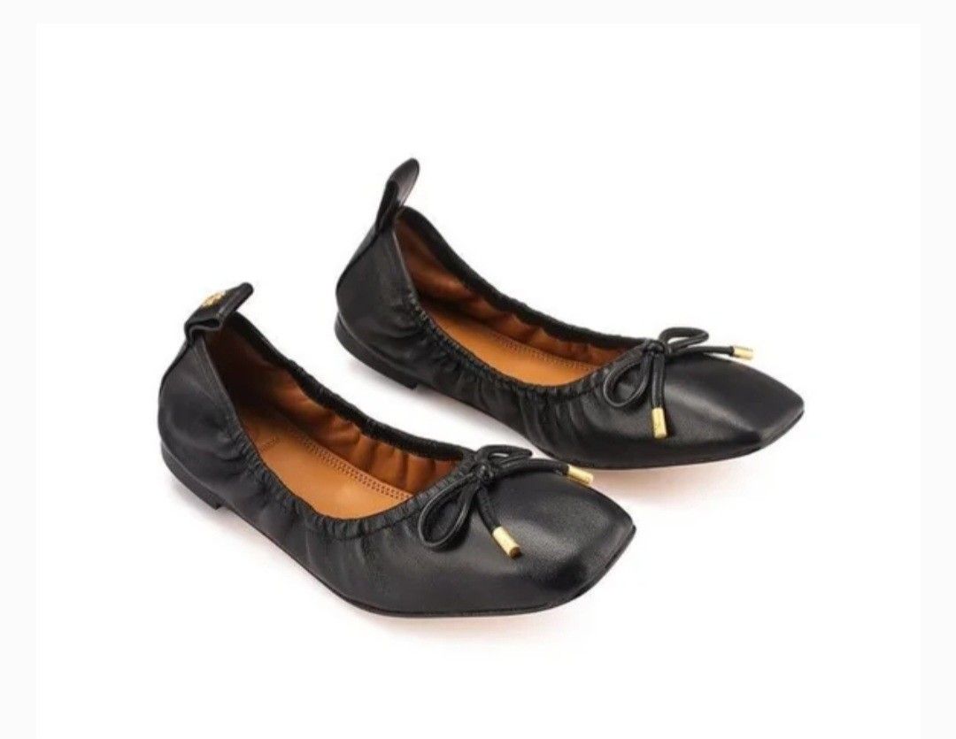 In Stock Authentic Tory Burch Square Toe Bow Ballet Nappa Leather Color Black