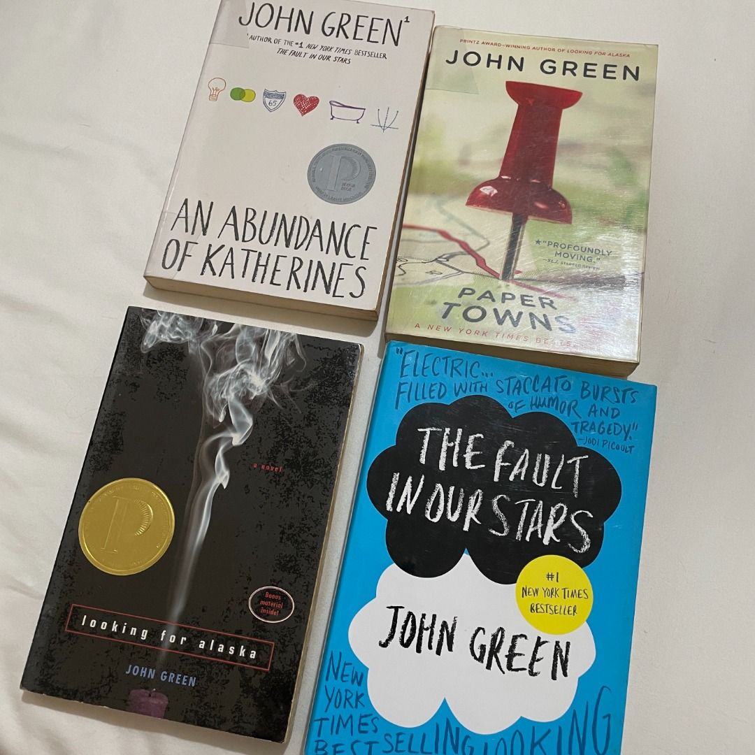 Various John Green Books (Category: Storybooks) located in Taguig. Submitted by celinedomore (Listing ID 1206545685, Image 1). Description: The Fault in Our Stars by John Green Hardbound Has tape residue due to being plastic-covered Good Condition, Has signs of aging Looking for Alaska by John Green Paper Towns by John Green An Abundance of Katherines by John Green Paperback Plastic-covered - taped to the book Good Condition, Has signs of aging P