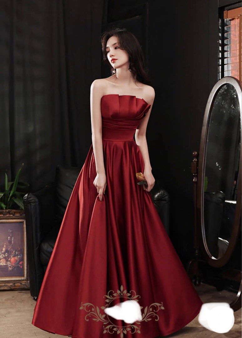 Negotiable Satin Silky Wine Red Wedding Dress A line Wedding Gown Bridal Prom Crisscross Lace Up Back Strapless Tube Formal Dinner Party