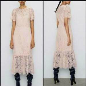 Zara Lace Midi dress pink peach, Fesyen Wanita, Pakaian Wanita
