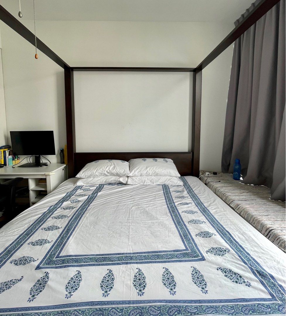 4 Poster bed with curtains ( solid dark wood), Furniture & Home Living