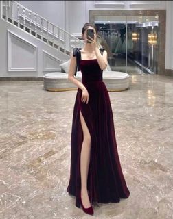 Wine red, strapless, velvet, split, toast dress, wedding, banquet629767167672351127