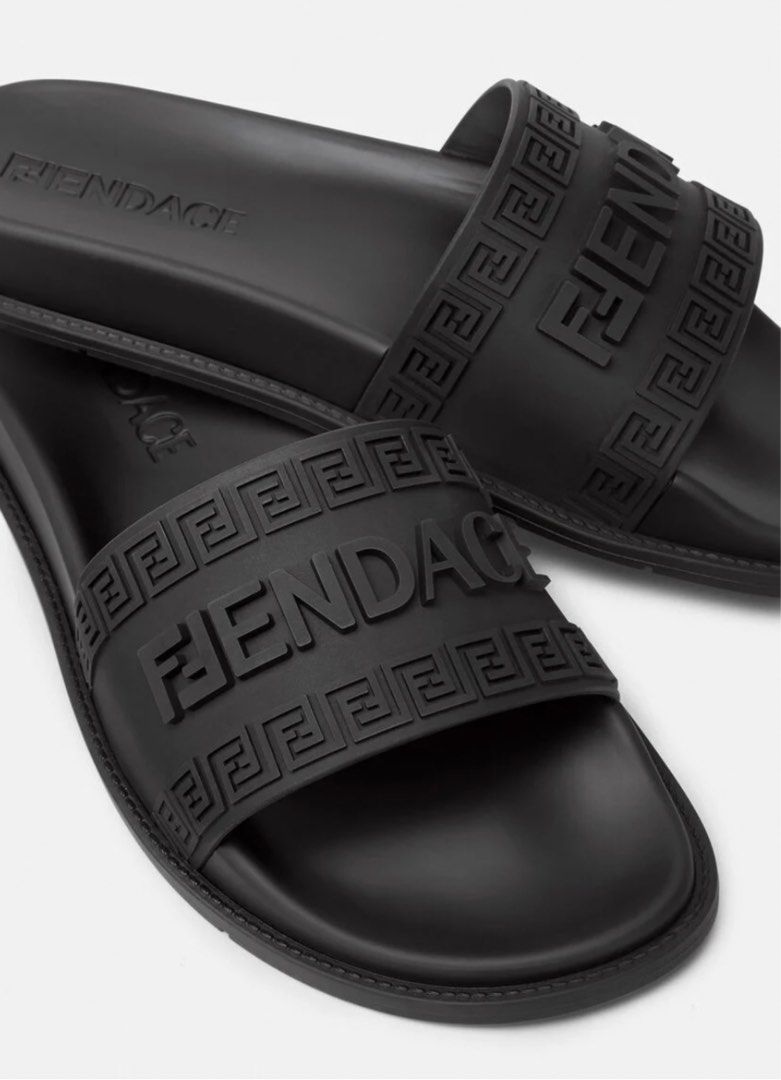 BN FENDACE FENDI x VERSACE BLACK LOGO LEATHER SLIDERS