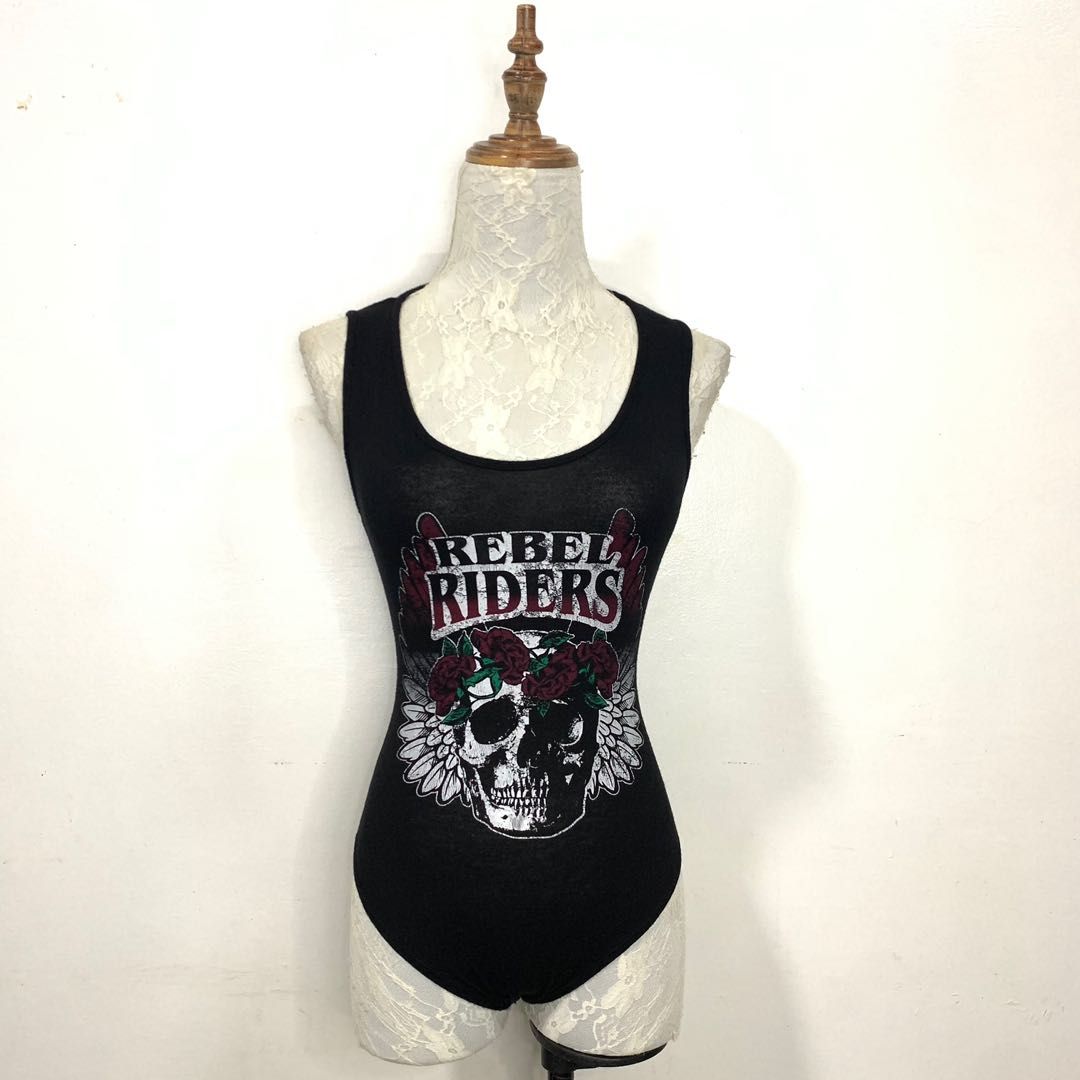 BOOHOO black rock band skull print open back lace up corset type sleeveless bodysuit