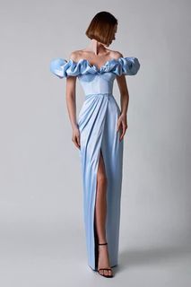 (Can customise) Premium blue satin off shoulder open slit elegant evening gown prom dress wedding dress Wedding gown