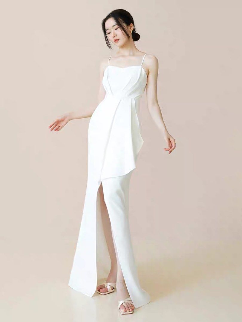 Can customise) Premium white origami fold open slit elegant evening gown  prom dress wedding dress Wedding gown, Women's Fashion, Dresses & Sets, Evening  dresses & gowns on Carousell