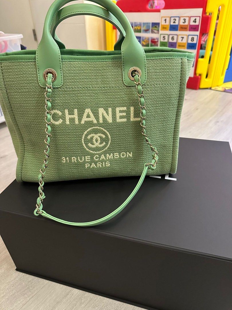 HOT* Chanel Pistachio Green Canvas Small Deauville Tote Bag with
