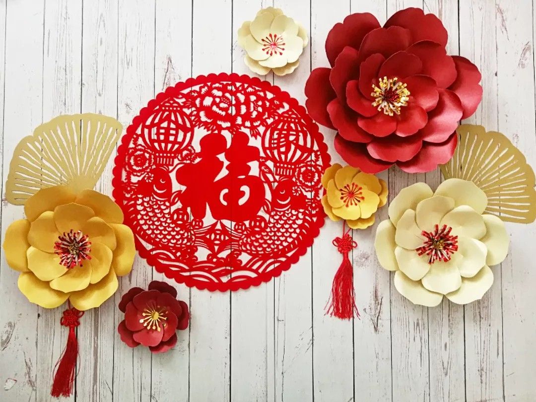 Chinese New Year Wall Decoration CNY Paper Flower Set, Furniture & Home Living, Home Decor, Wall