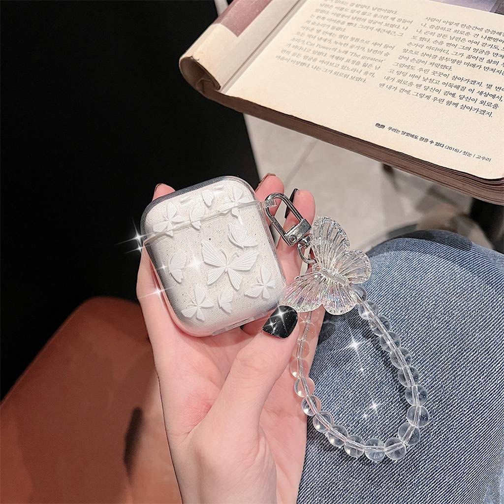 Clear butterfly Cute Cover for Airpods Pro 2nd Generation Case with Beaded  Keychain for Women For Airpods 1 2 3 Pro2 Soft Cover