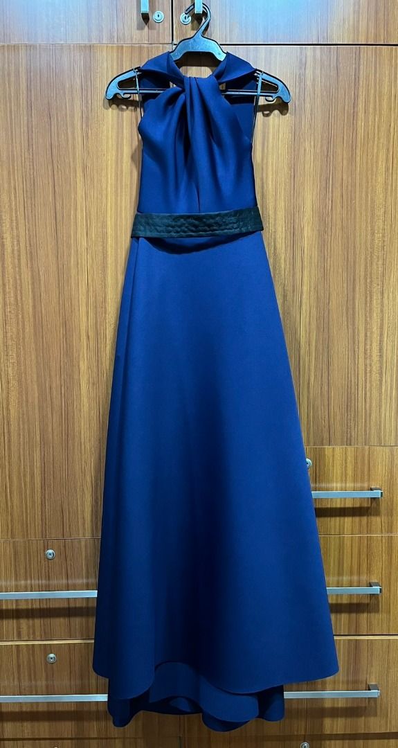 Formal gown in deep blue with beautiful black ribbon belt., Women's