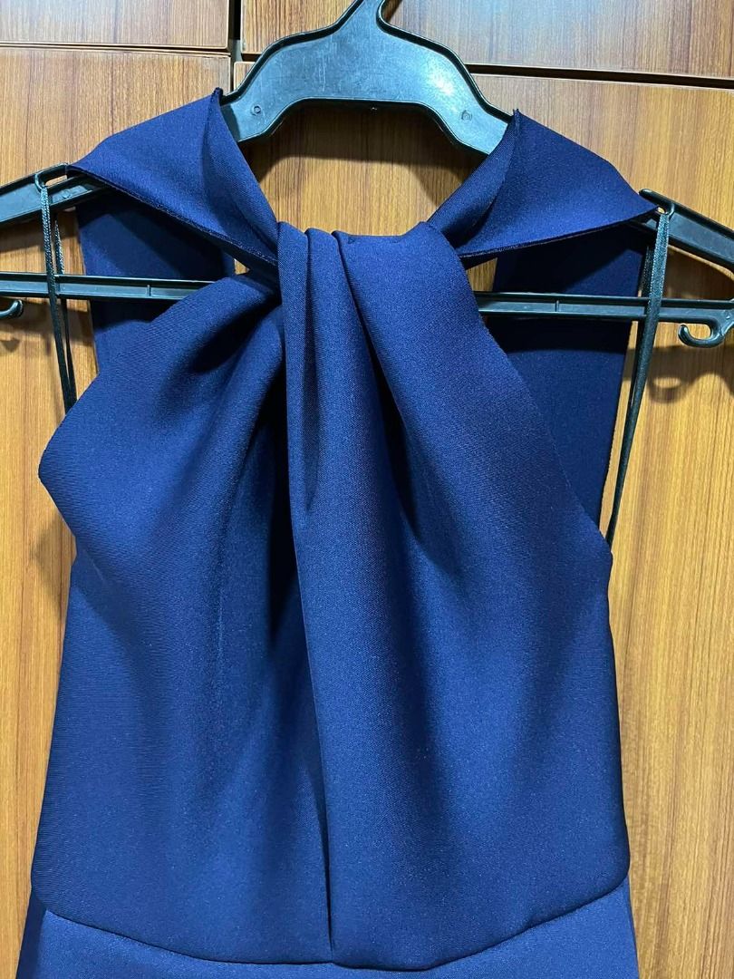 Formal gown in deep blue with beautiful black ribbon belt., Women's