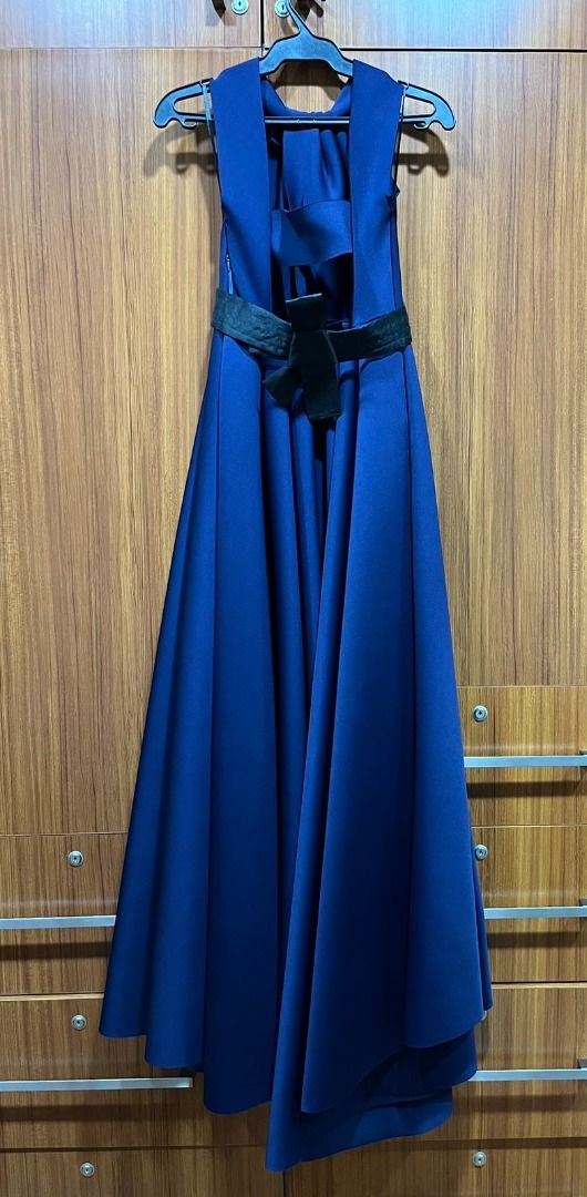 Formal gown in deep blue with beautiful black ribbon belt., Women's