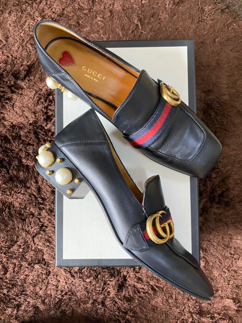 Gucci Black Leather Mid heel Loafer with Pearl Studs Luxury