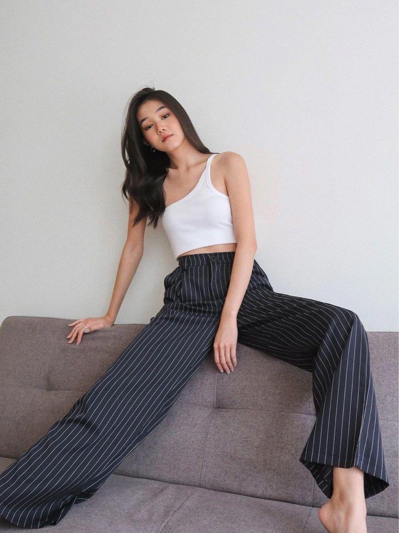 White and black pinstripe pants top