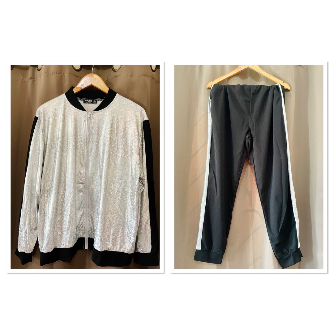 Metallic Silver Jacket and Jogging Pants Coordinates, Women's Fashion