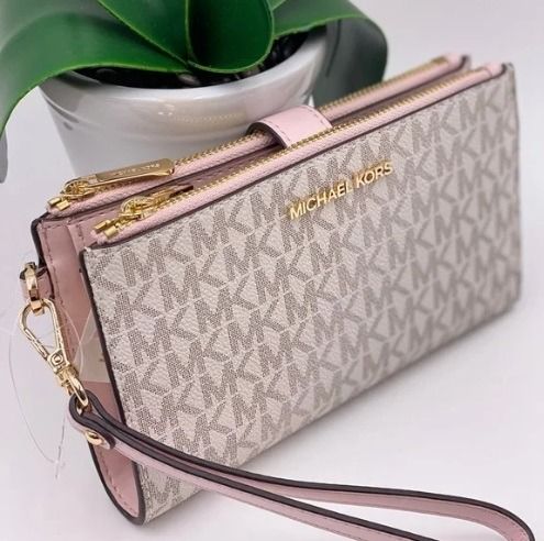 Michael Kors Double Zip Phone Wallet Wristlet Vanilla Signature MK Powder  Blush