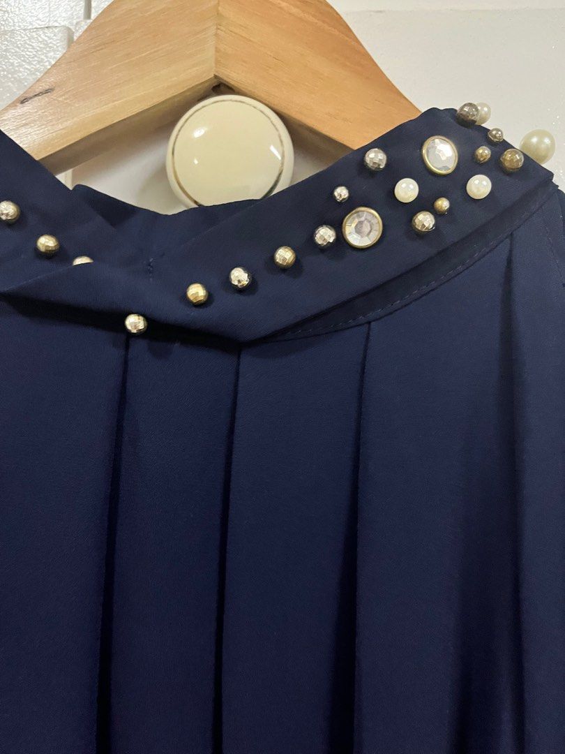 Women Navy Blue & Gold Printed Peplon Top