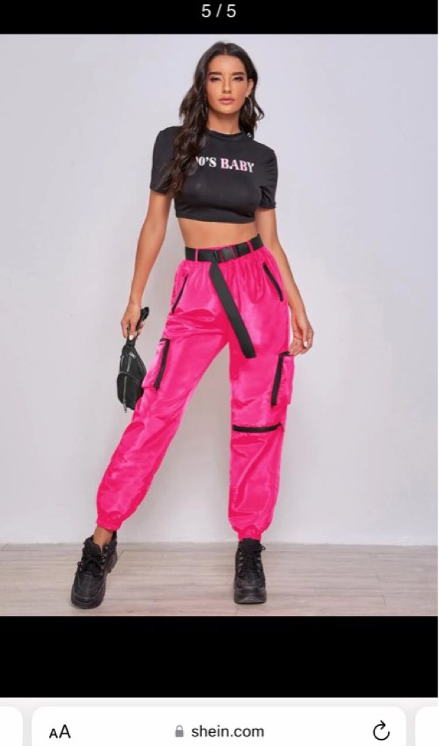 Neon pink cargo pants with black belt, Women's Fashion, Bottoms