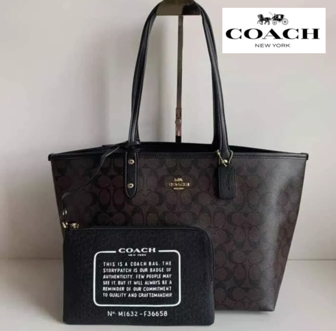 New Coach Original Dark Brown Collection Reversible City Tote In Signature Brown Shoulder Bag For Women Come With Complete Set Suitable for Gift