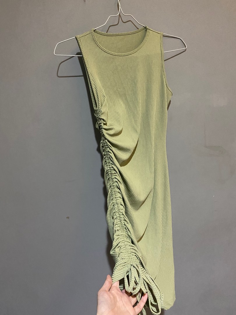 shein sage green scrunched dress knit, Fesyen Wanita, Pakaian Wanita