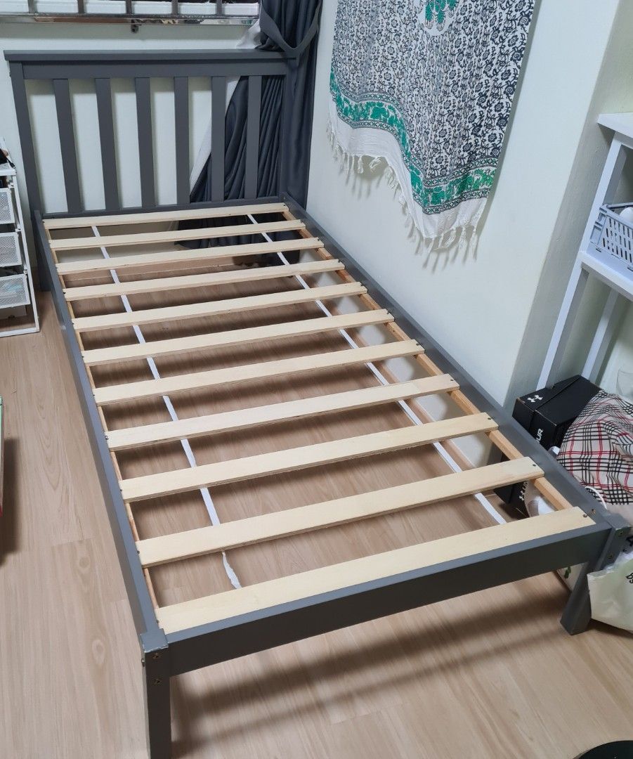 Single Grey Bed Frame and Mattress, Furniture & Home Living, Furniture