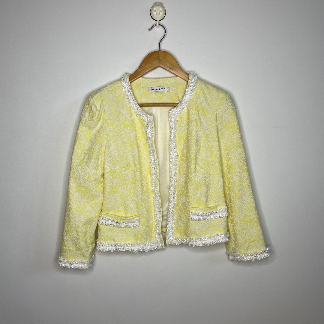 Soft Tweed Jacket Details Yellow, Women's Fashion, Coats, Jackets and Outerwear on Carousell