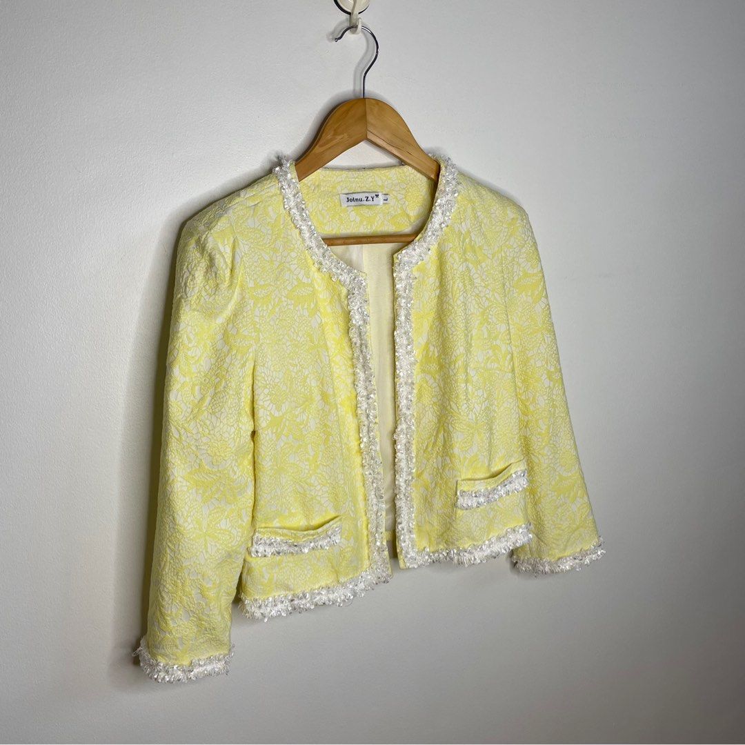 Soft Tweed Jacket Details Yellow, Women's Fashion, Coats, Jackets and Outerwear on Carousell