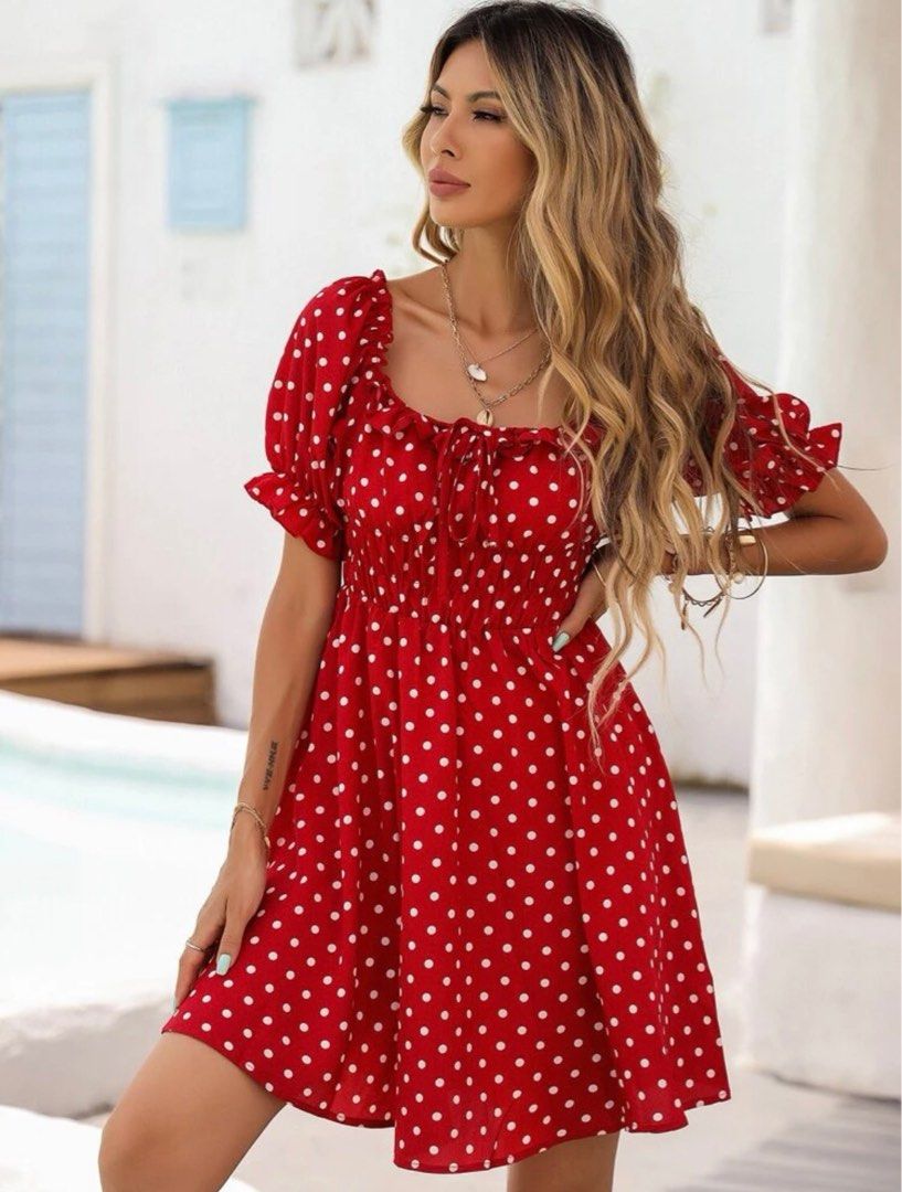 Tied Polka Dot Balloon Sleeve Layered Dress for Women